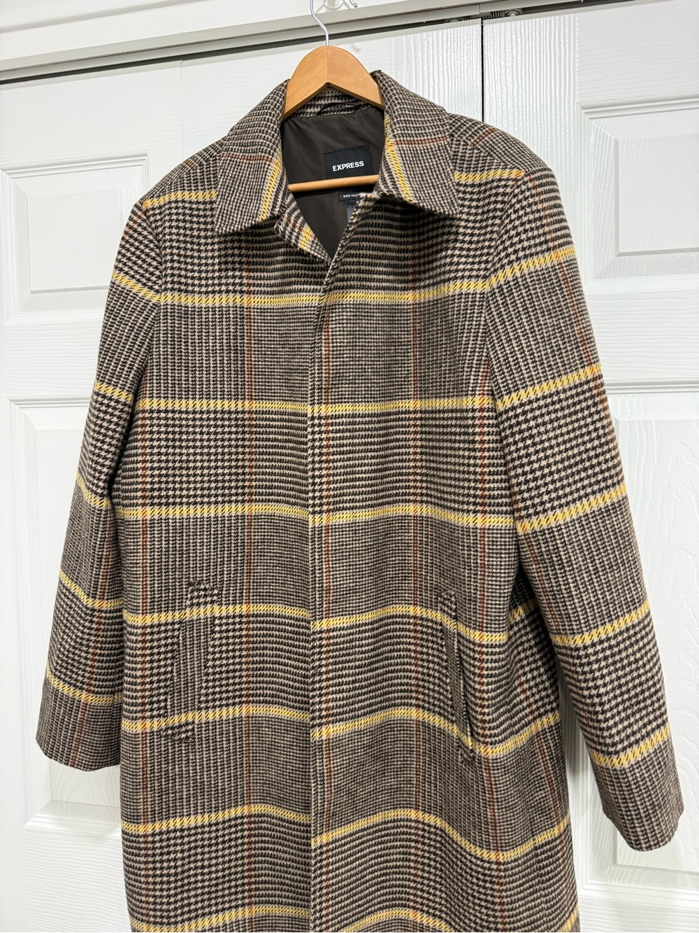 Express Brown Plaid Pea Coat with Yellow Windowpane